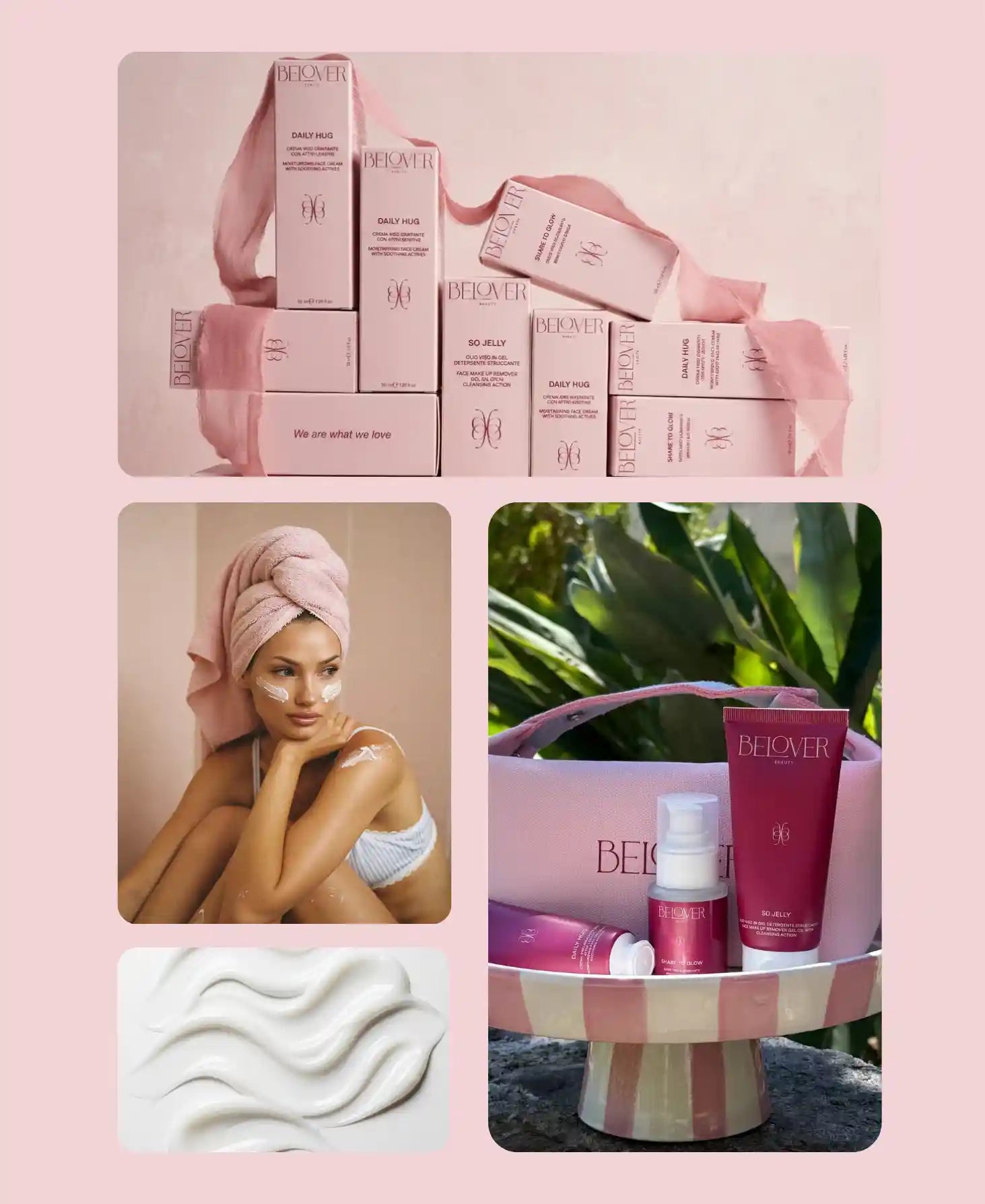 BELOVER BEAUTY SKINCARE PACKAGING CREAM TEXTURE BEAUTY CASE. SO JELLY, DAILY HUG, SHARE TO GLOW
